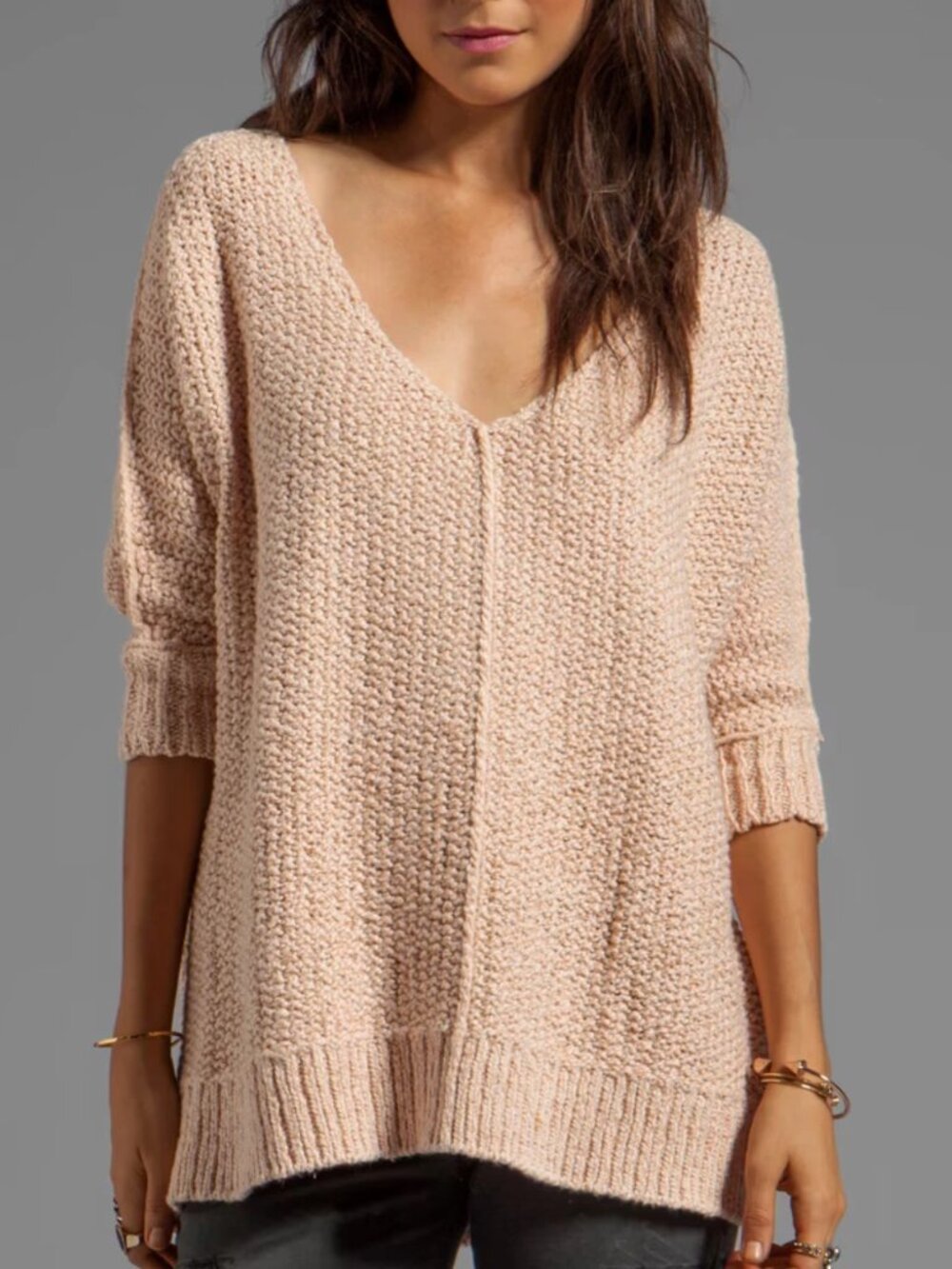 Free People Cozy Cat Relaxed V-Neck Knit Pullover Sweater S
